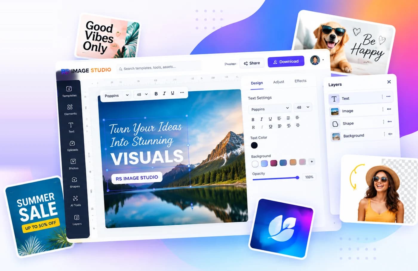 The RS Image Studio editor with templates, layers and a background-removed portrait